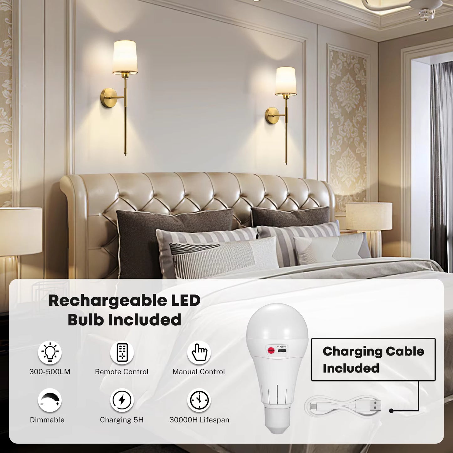 2Pack Cordless Gold Wall Sconces