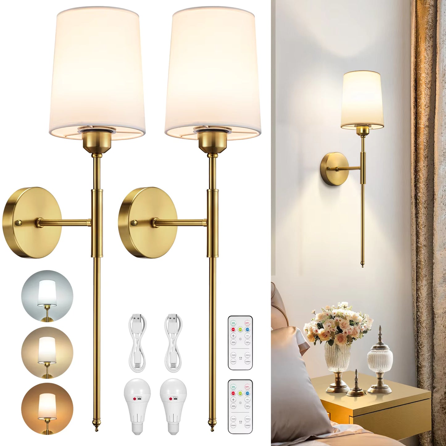 2Pack Cordless Gold Wall Sconces