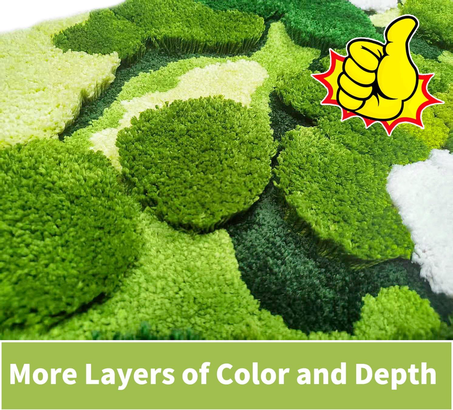 Artificial grass with a textured surface, featuring a yellow thumbs-up icon and text 'More Layers of Color and Depth'.