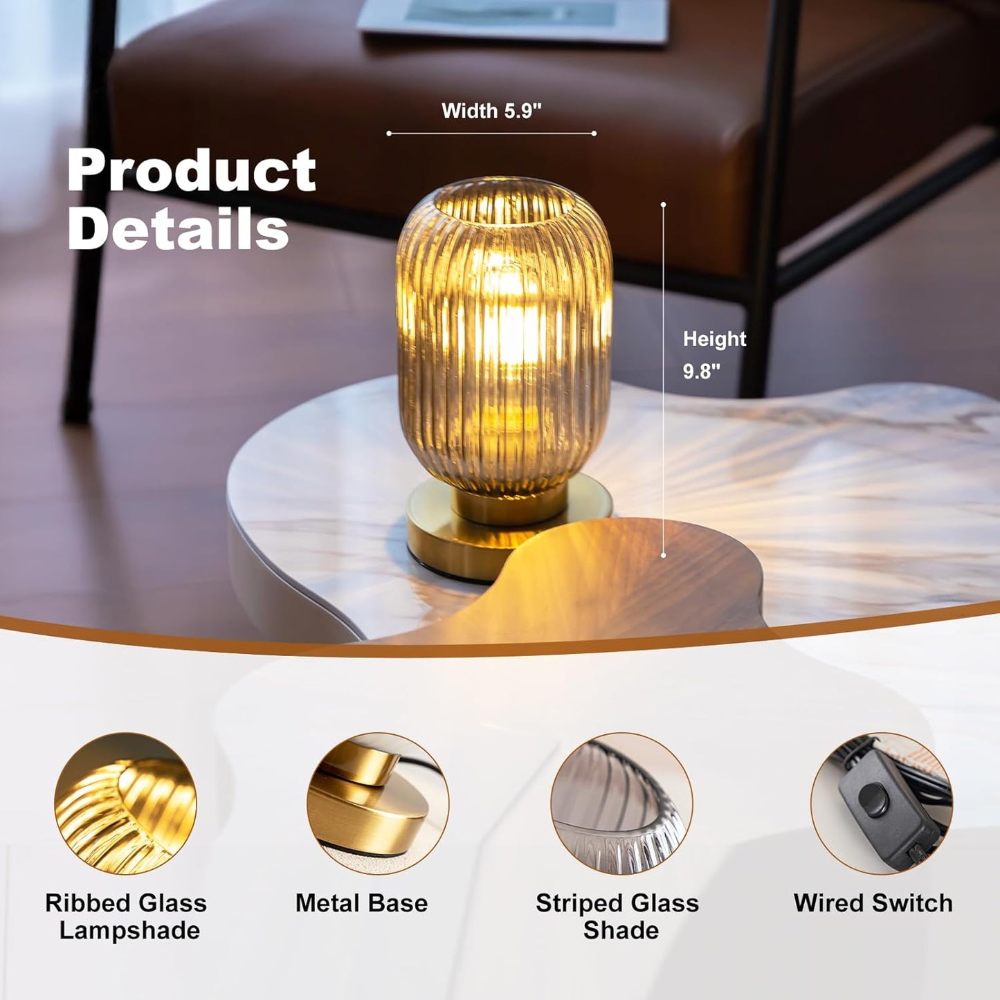 Mid Century Ribbed Glass Shade Table Lamp