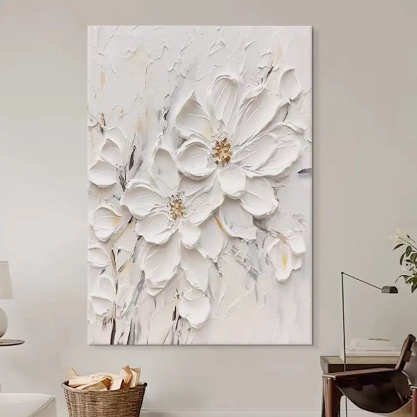 White Textured Flower Acrylic Painting - Decorstly