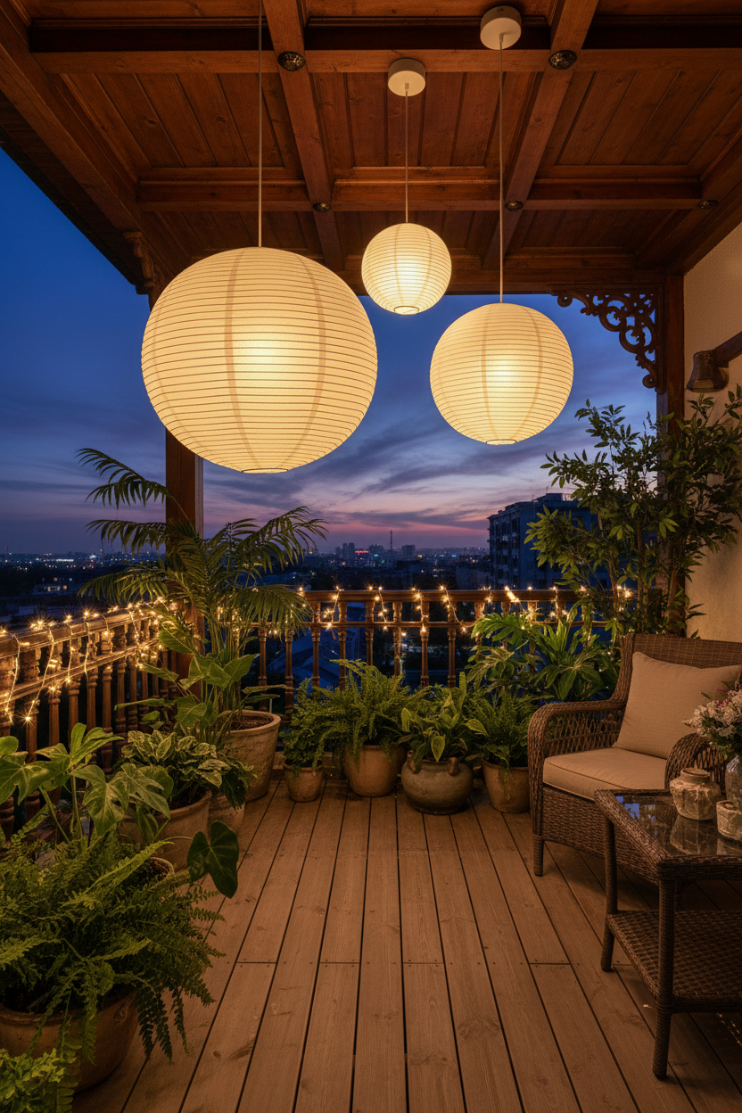Three glowing white paper lantern pendant lights hang over a wooden deck on a balcony at dusk, with potted plants, a wicker chair, and a city skyline in the background.