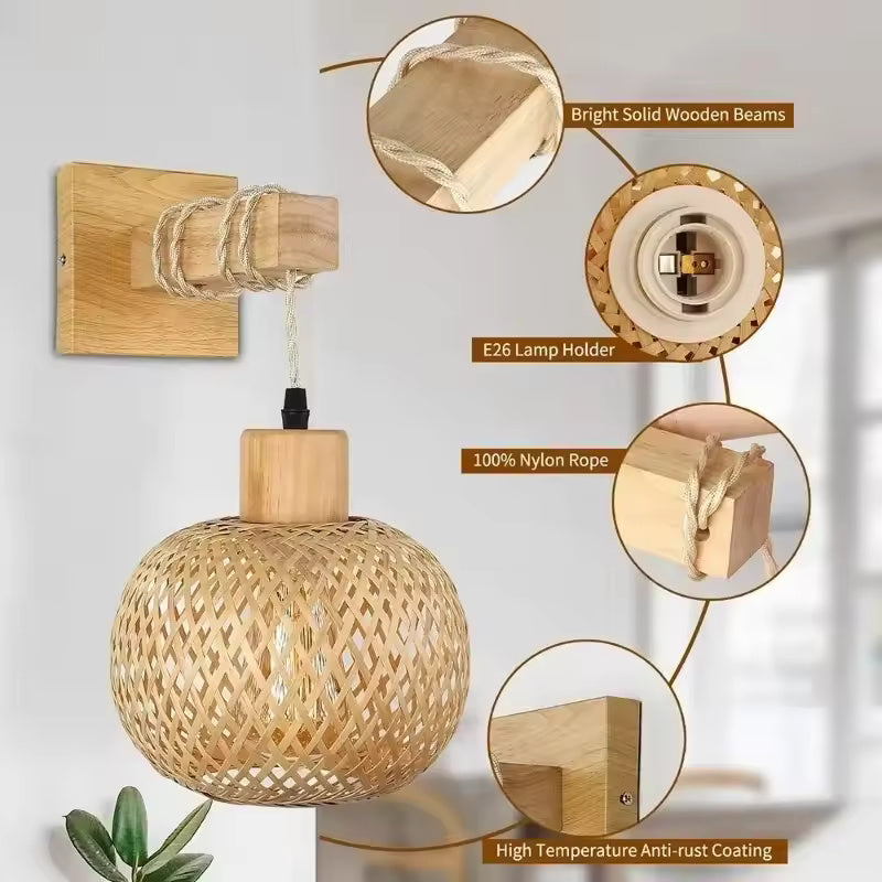Bamboo Woven Rattan Wall Lamp showing its built design and materials