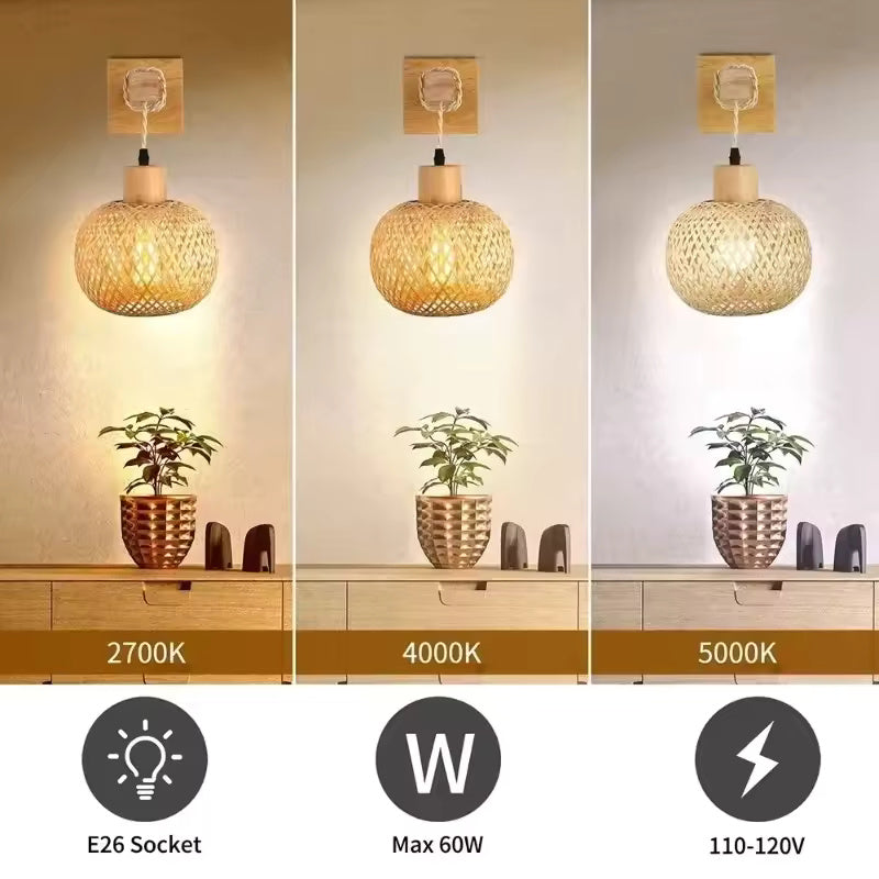 Bamboo Woven Rattan Wall Lamp showing three different light modes