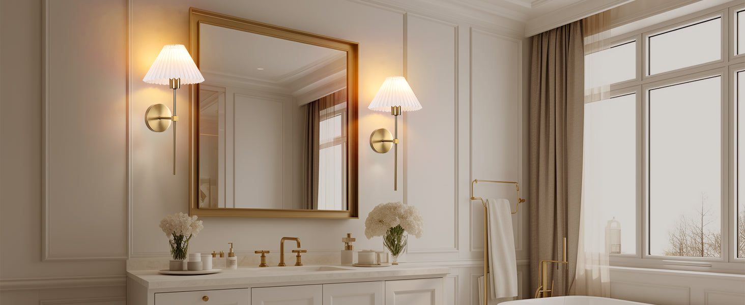 Bathroom interior with a large mirror, sink, and decorative elements.