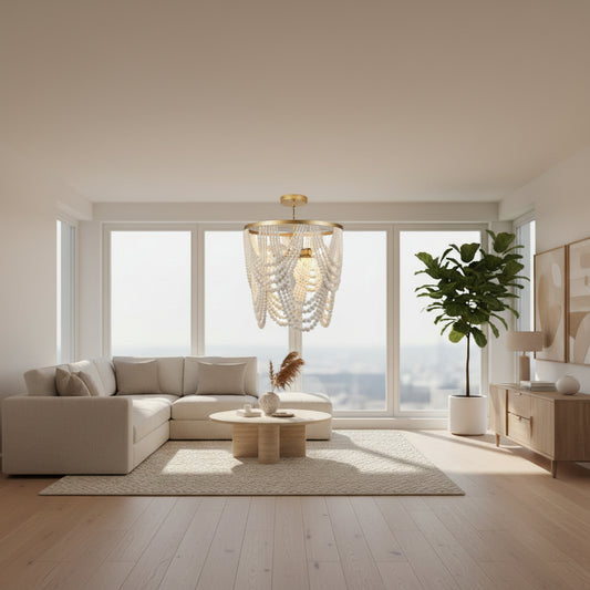 Chandelier with gold frame and white beads on a white background