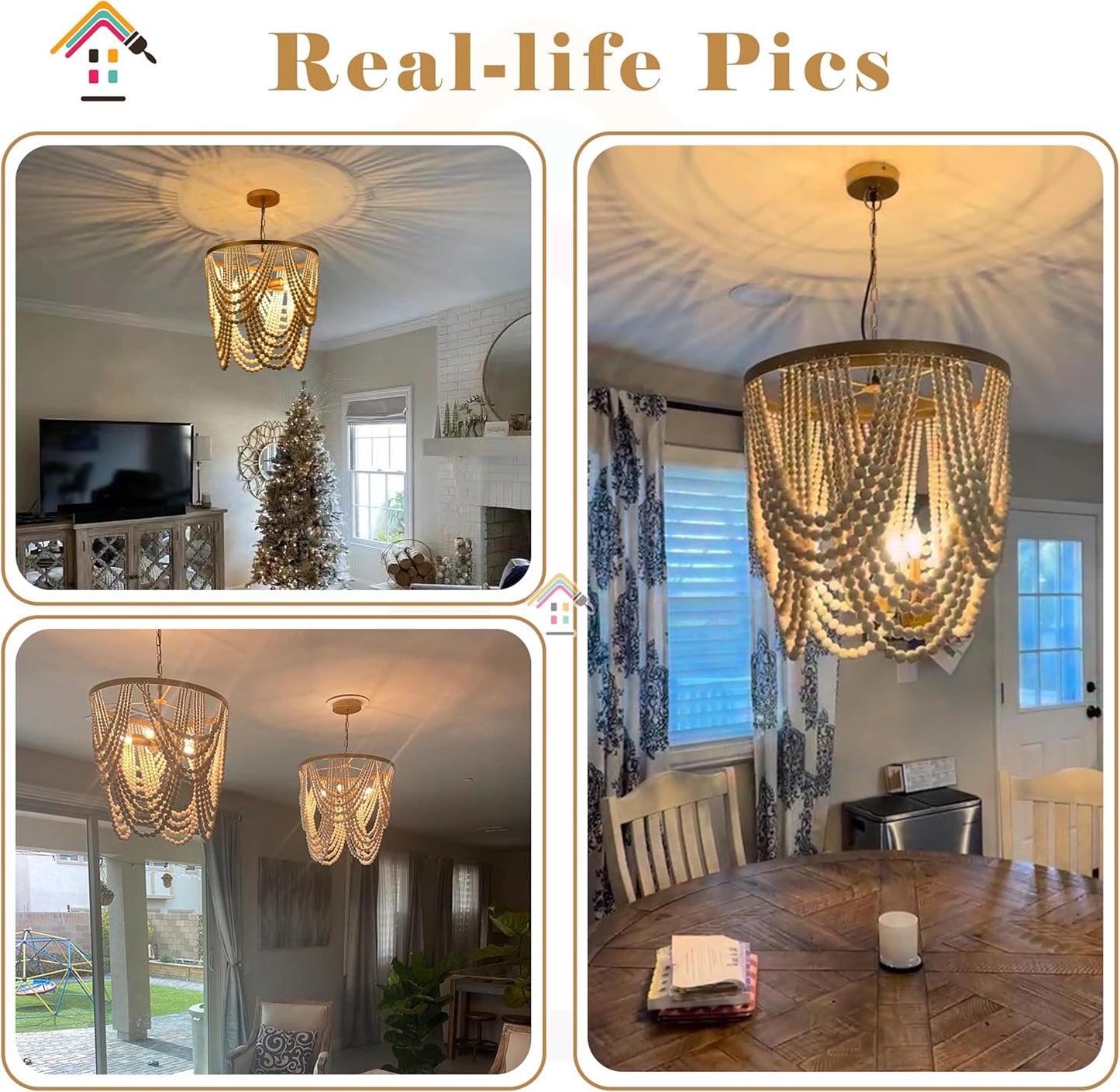 Collage of a chandelier in different rooms with 'Real-life Pics' text at the top.
