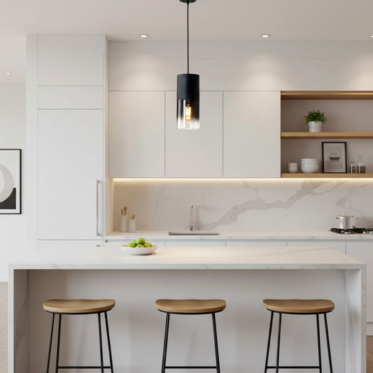 Modern kitchen with a sink, window, and decorative elements.