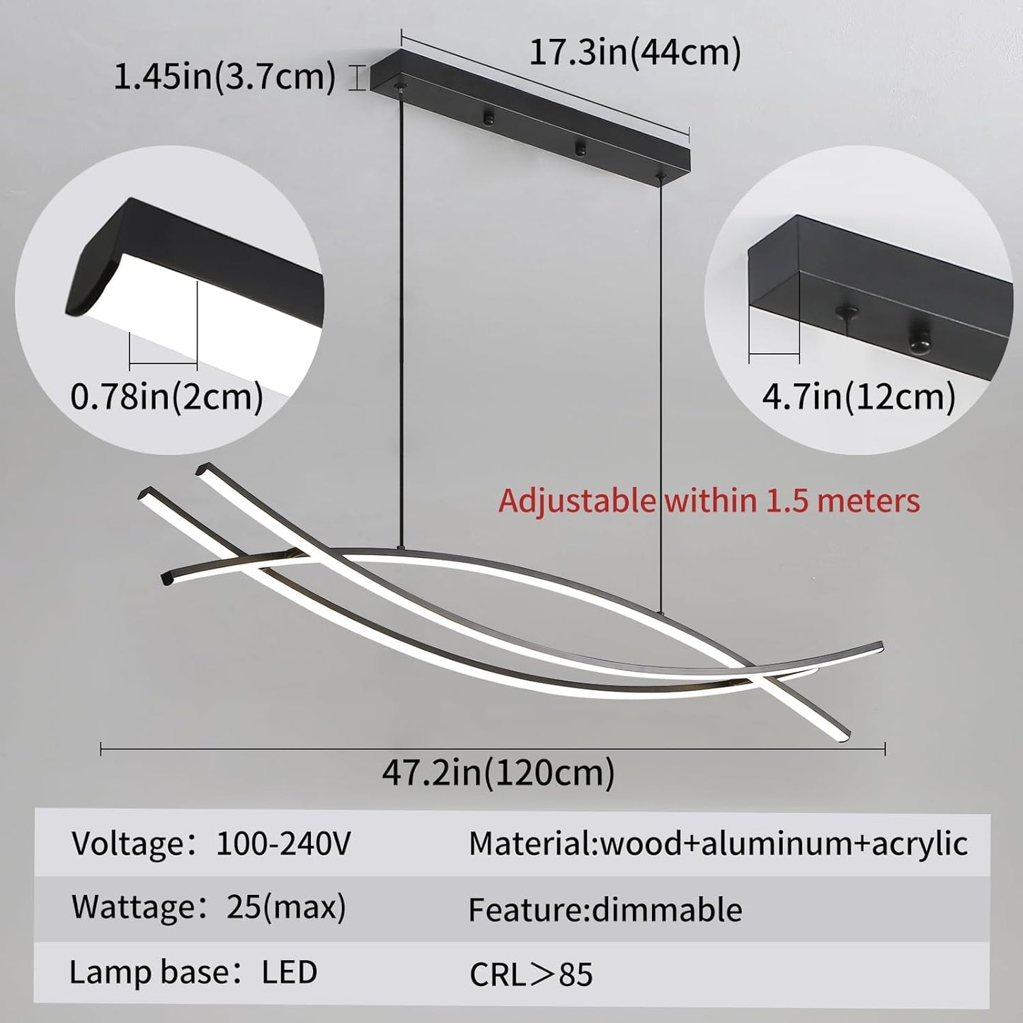 Wall-mounted light fixture with dimensions and specifications on a gray background