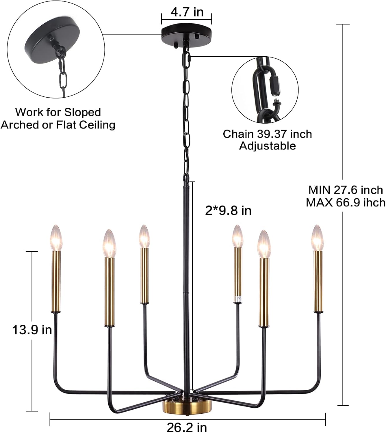 Chandelier with dimensions and features highlighted on a white background