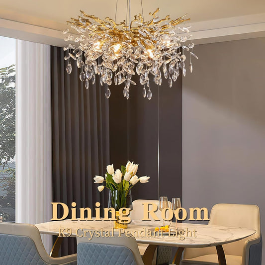 Chandelier hanging above a dining table with 'Dining Room' text overlay
