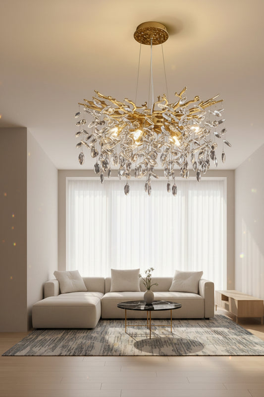 Chandelier in a living room setting with 'Living Room' text and 'K9 Crystal Pendant Light' label.
