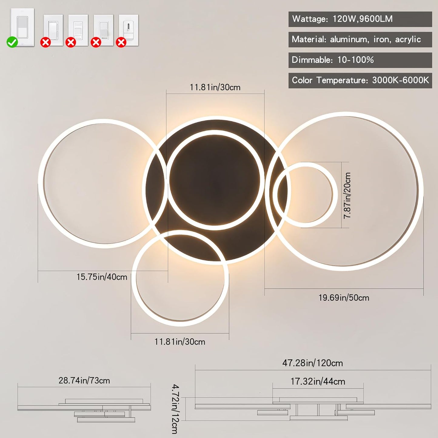 Ceiling light fixture with dimensions and specifications on a gray background