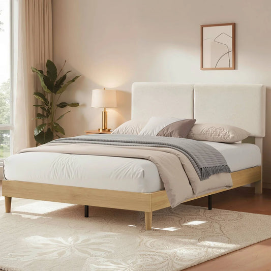 Upholstered Beige Cotton Linen Headboard Bed Frame