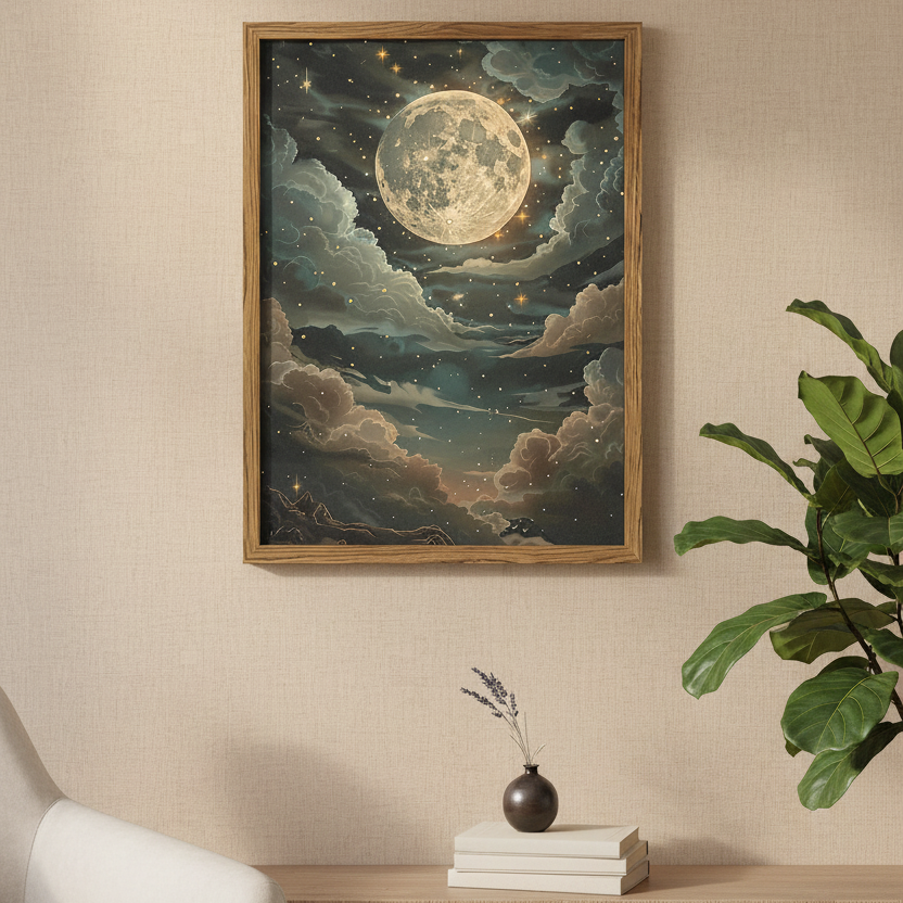 A framed art print depicting a full moon in a starry night sky with dramatic clouds, hanging on a beige wall above a console table with a plant and books.