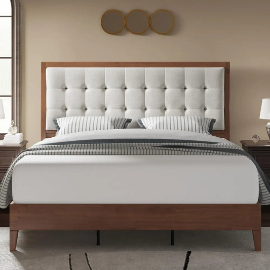 Full Sized Tufted Solid Wood Platform Bed Frame - Decorstly