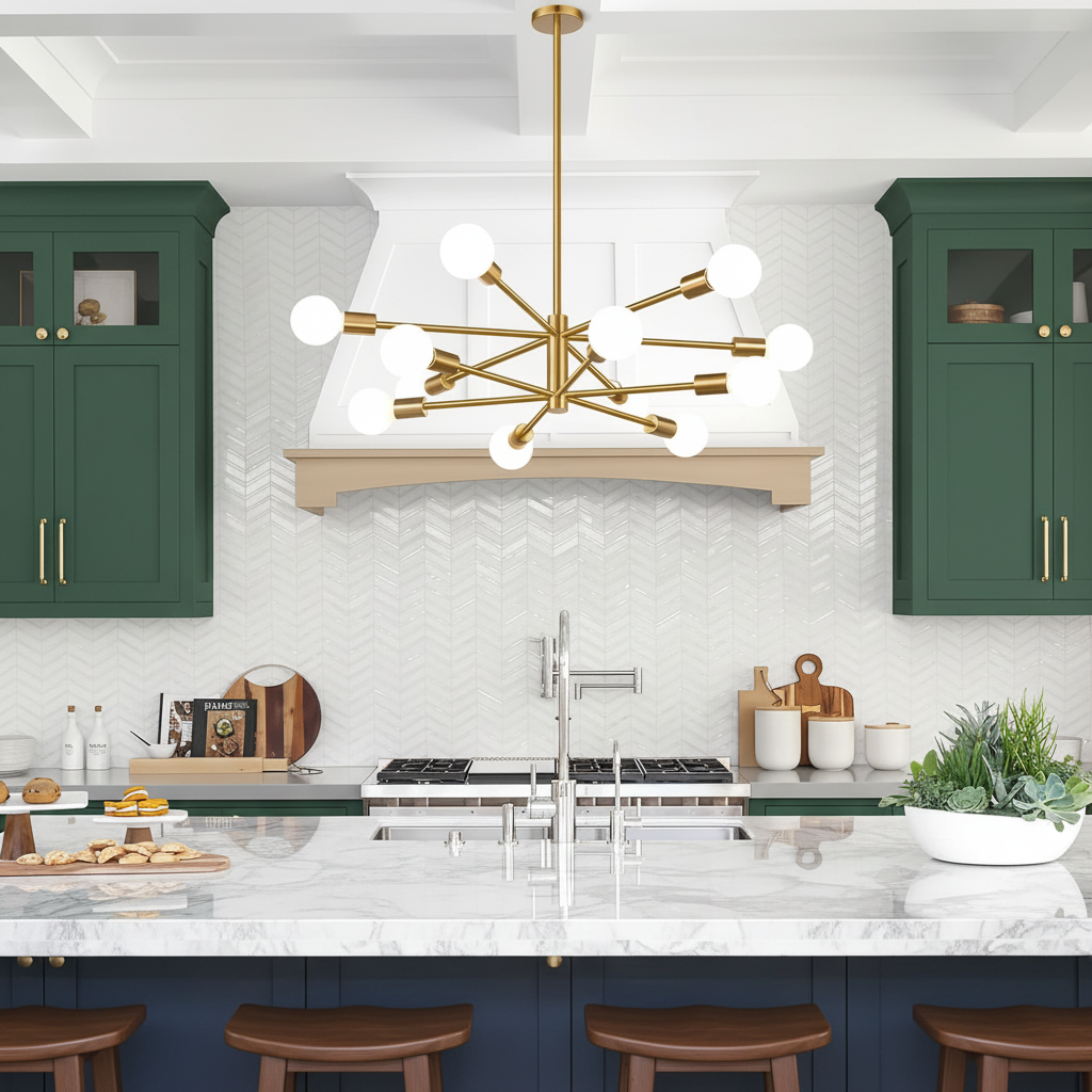 A modern brass multi-arm chandelier with white spherical glass globes hangs over a white marble kitchen island in a styled kitchen with dark green cabinets and a white herringbone tile backsplash.