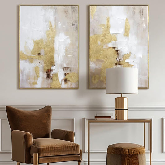 Modern interior with a brown armchair, side table, and abstract art on a wall.