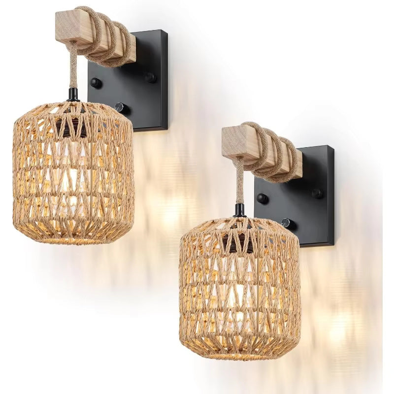 Hemp Rope Rattan Wall Lamp Set of two