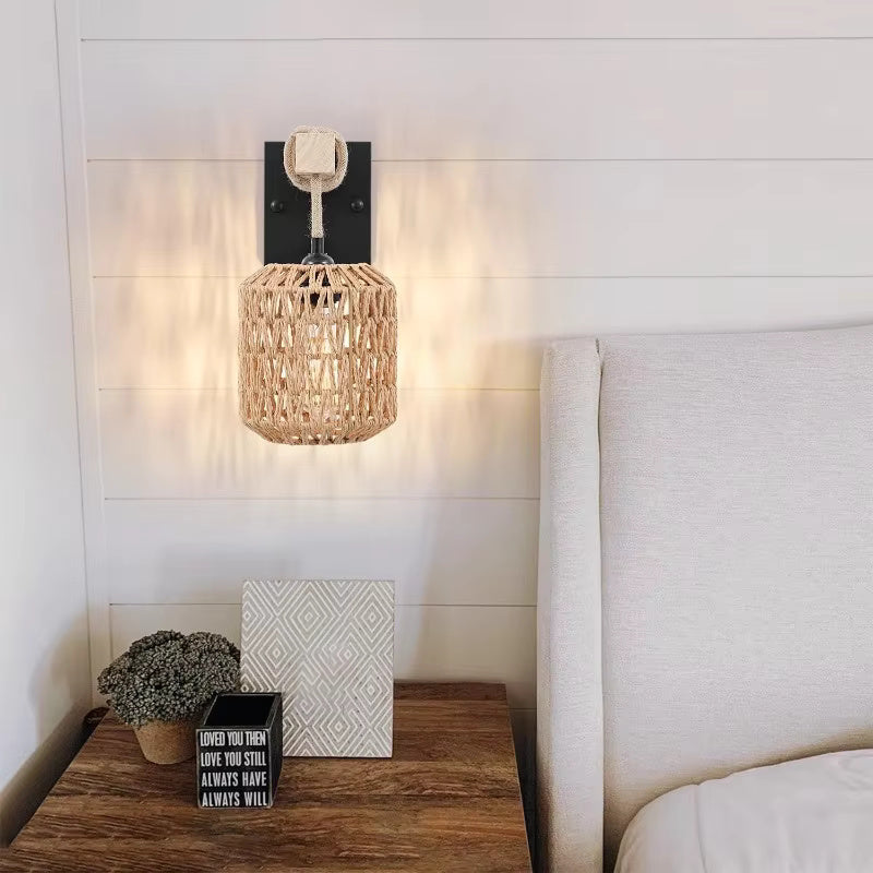 Hemp Rope Rattan Wall Lamp on bedside for bedroom decor