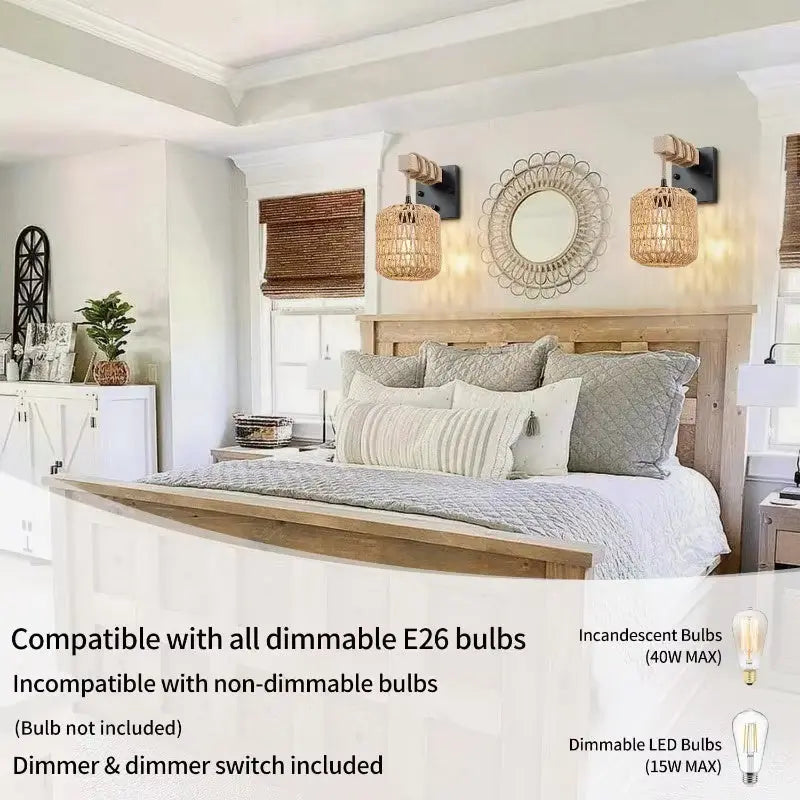 Hemp Rope Rattan Wall Lamp Set of two on above bed in a bedroom