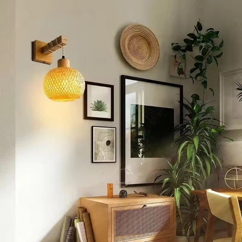 Installation hardware and wooden mounting base for bamboo wall lamp