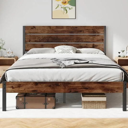 Mid Century Rustic Brown Wood Bed Frame - Decorstly