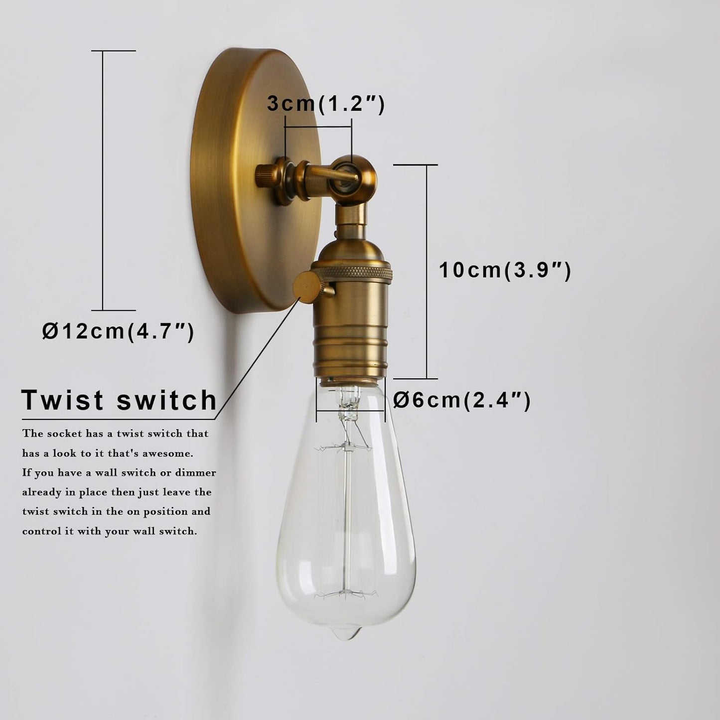 Wall-mounted light fixture with clear bulb and dimensions labeled on a white background