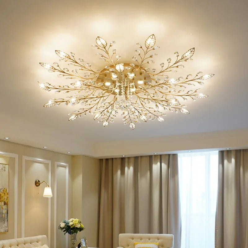 Metal Gold Frame Crystal Leaf Chandelier