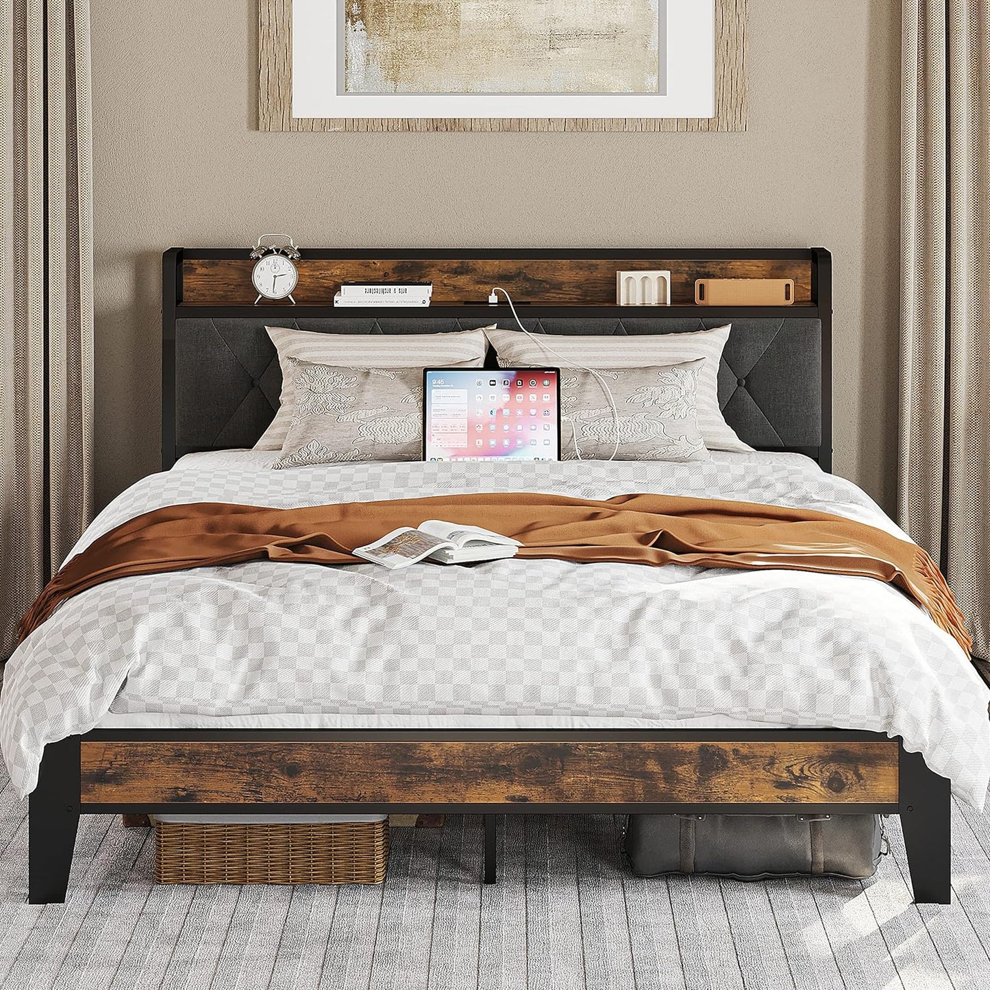 Wood Storage Headboard Bed Frame