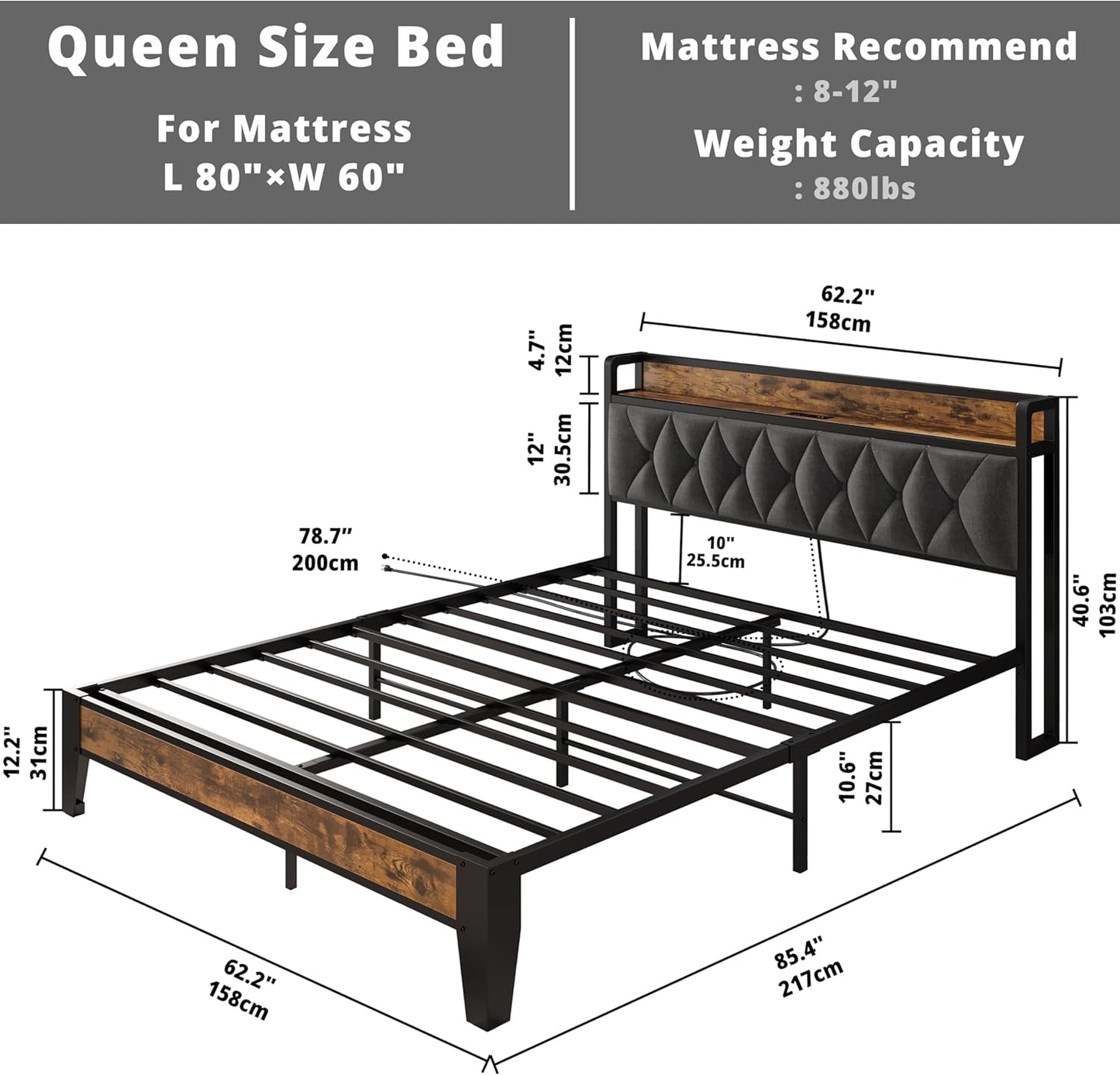 Wood Storage Headboard Bed Frame