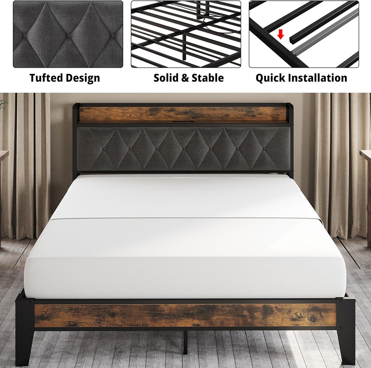 Wood Storage Headboard Bed Frame
