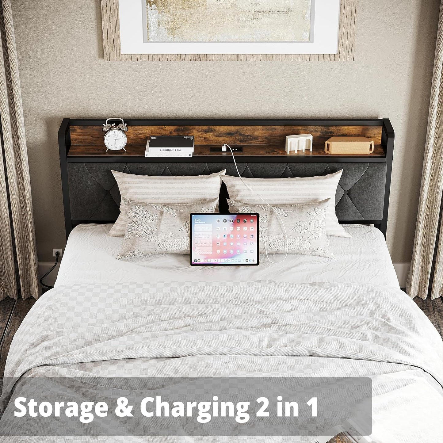 Wood Storage Headboard Bed Frame