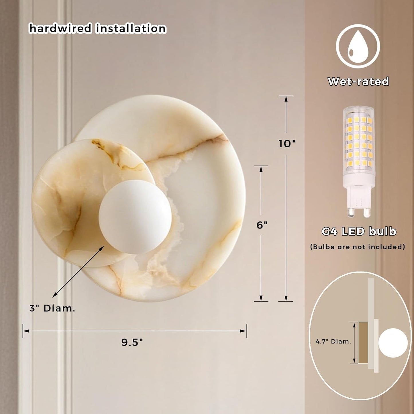 Decorative wall light fixture with dimensions and bulb information on a neutral background