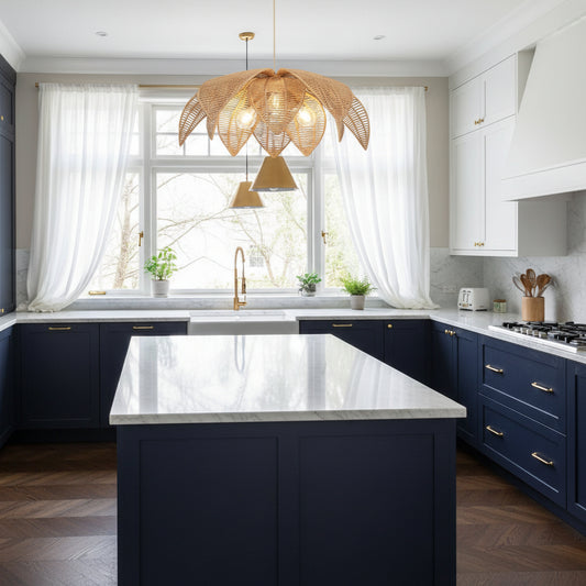 Modern kitchen with wooden island, stools, and decorative elements.