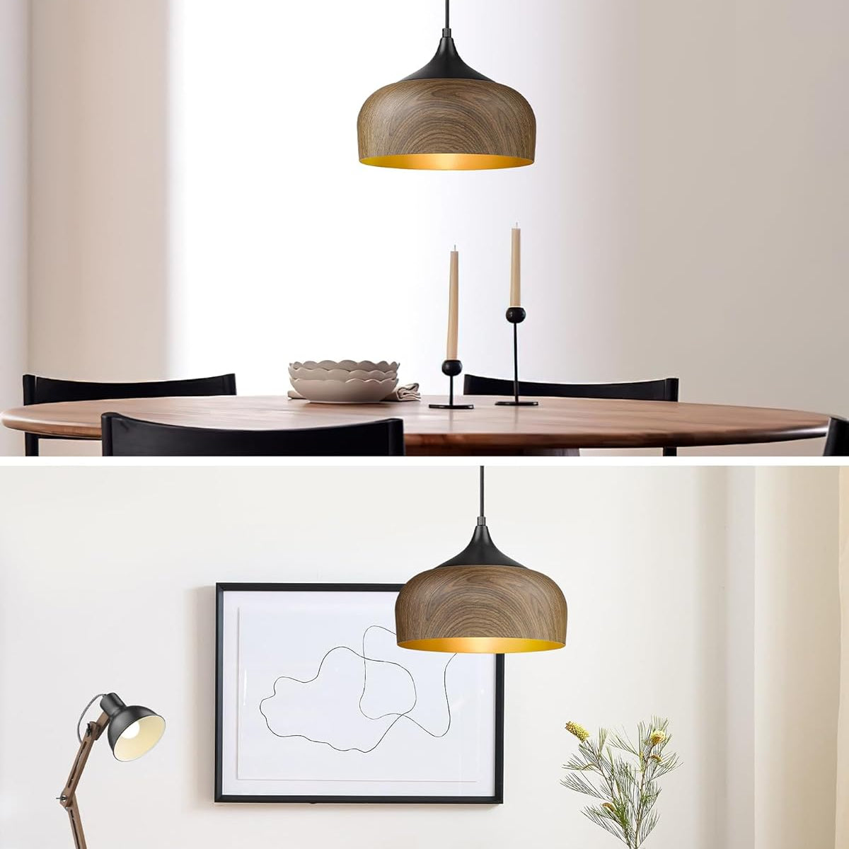 Wooden pendant light fixture in a dining room and office setting.