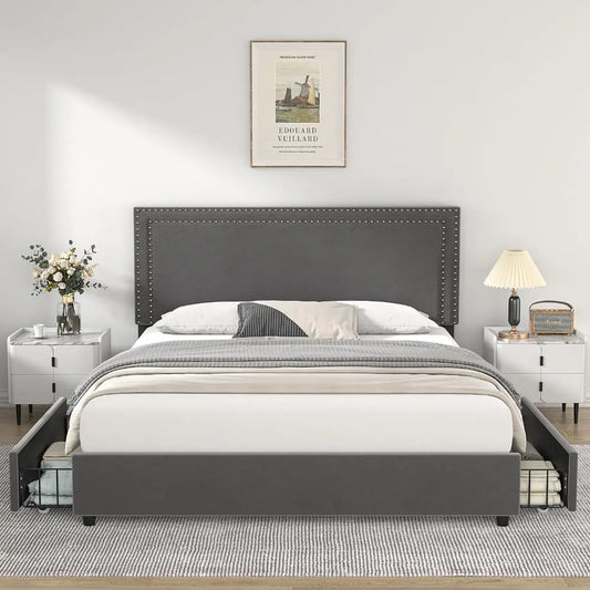 Queen Sized Light Grey Upholstered Platform Bed Frame - Decorstly