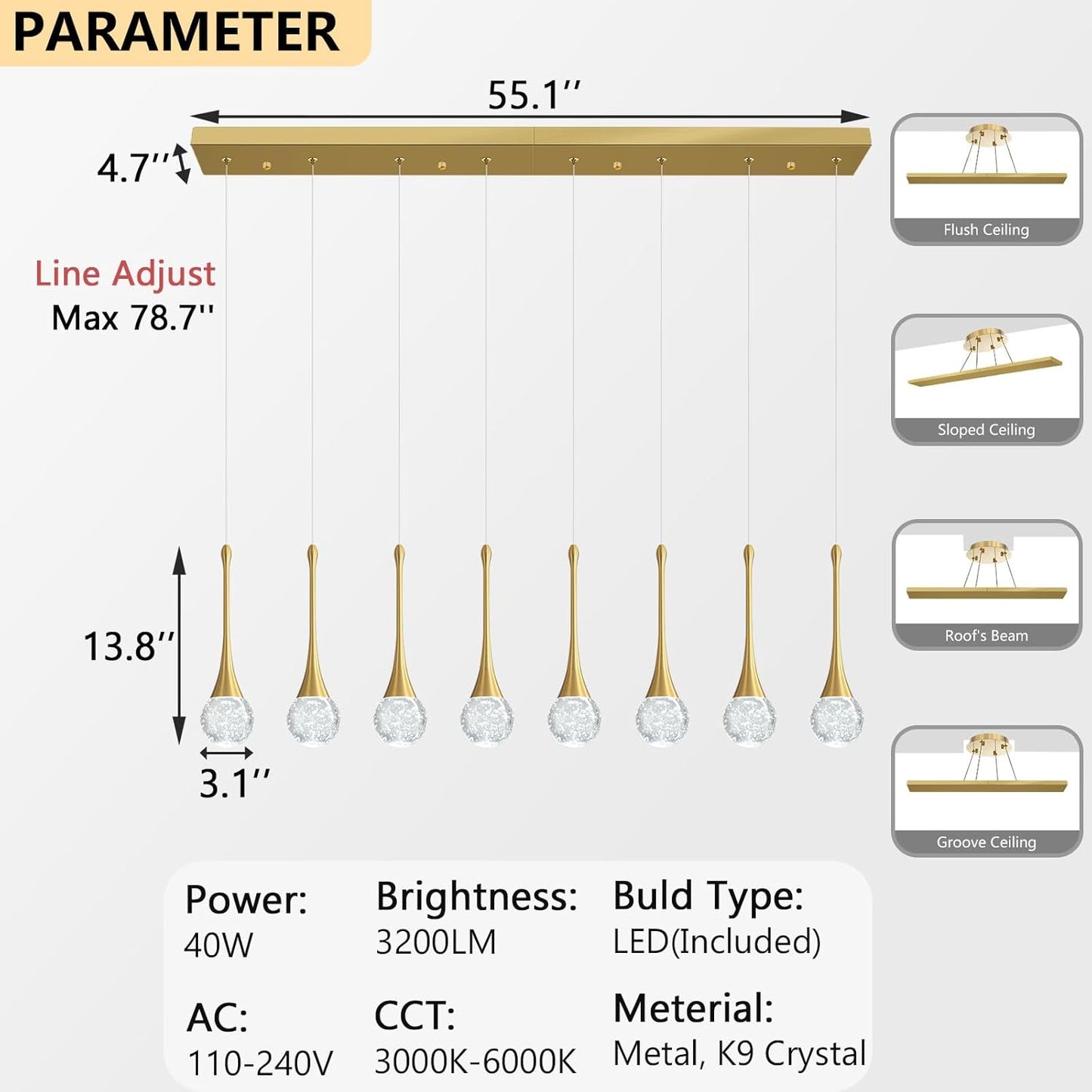 Chandelier with dimensions and specifications on a white background