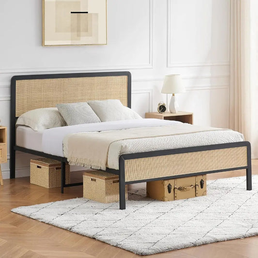 Rattan Headboard Footboard Queen Metal Platform Bed Frame - Decorstly
