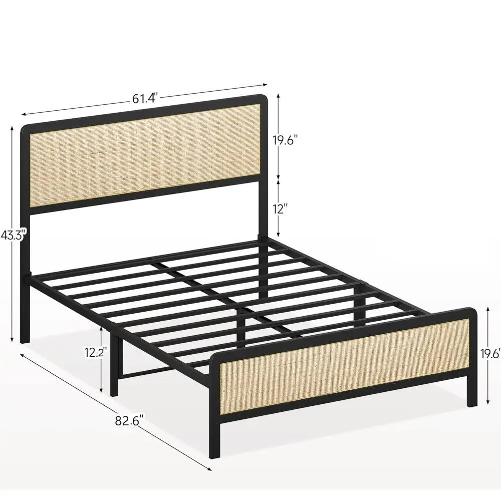 Rattan Headboard Footboard Queen Metal Platform Bed Frame - Decorstly