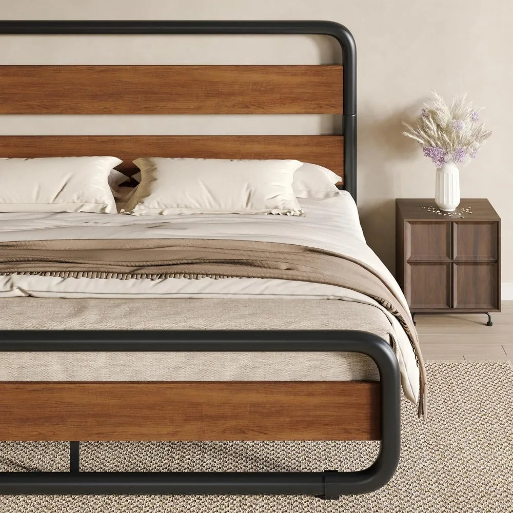Wooden Headboard Metal Frame Bed