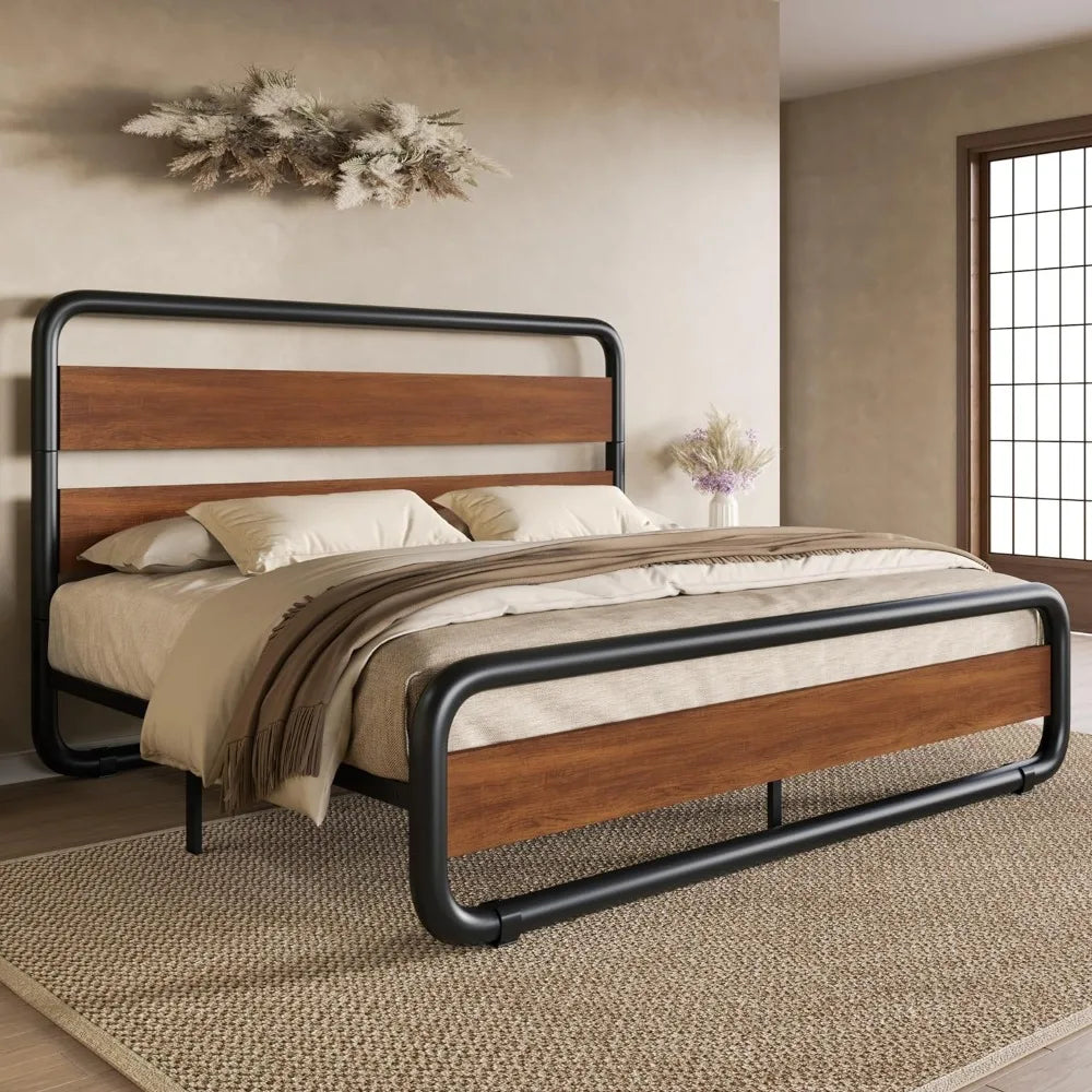 Wooden Headboard Metal Frame Bed