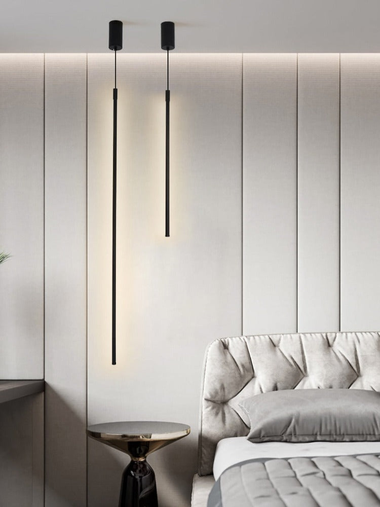 Elegant white-themed bedroom featuring a bed, beautifully illuminated by a GlowTech LED Pendant Light.
