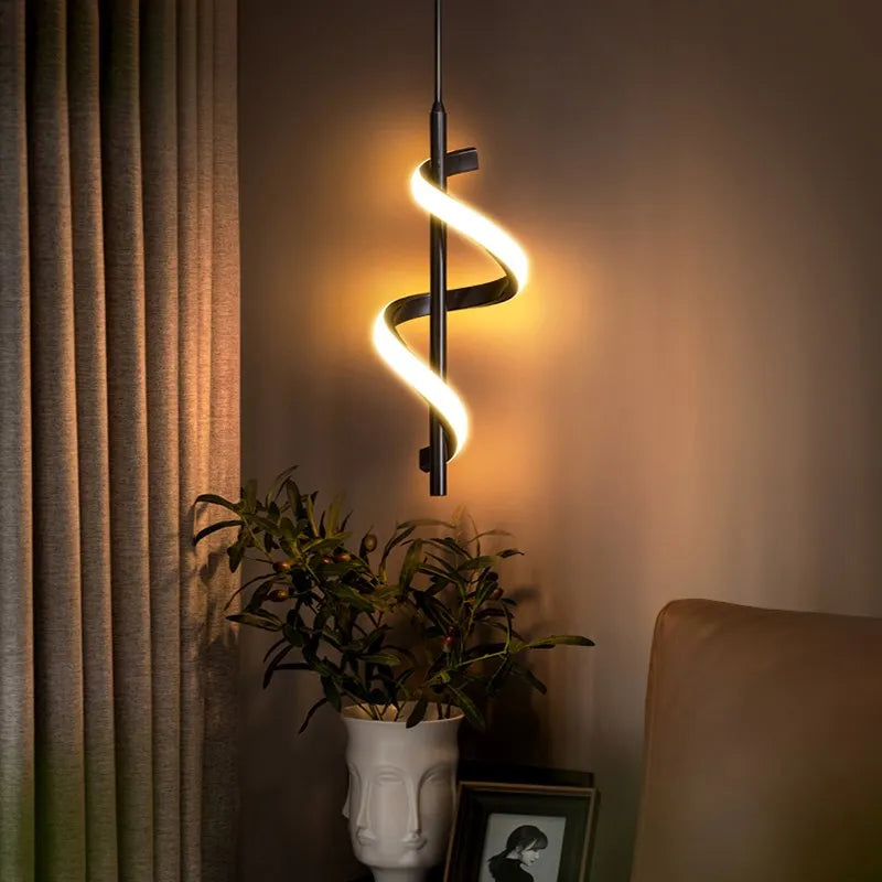 Image of a bedroom with a contemporary LED light fixture, showcasing the GlowWave Minimalist Pendant Light.