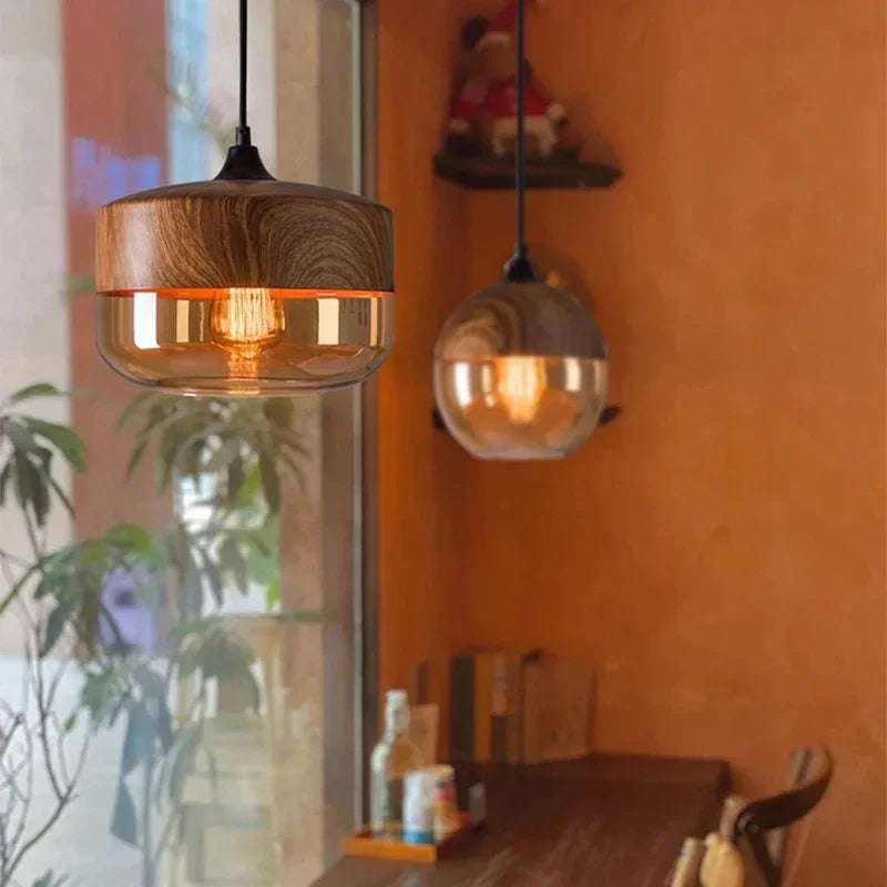 Glass Wood Pendant Light