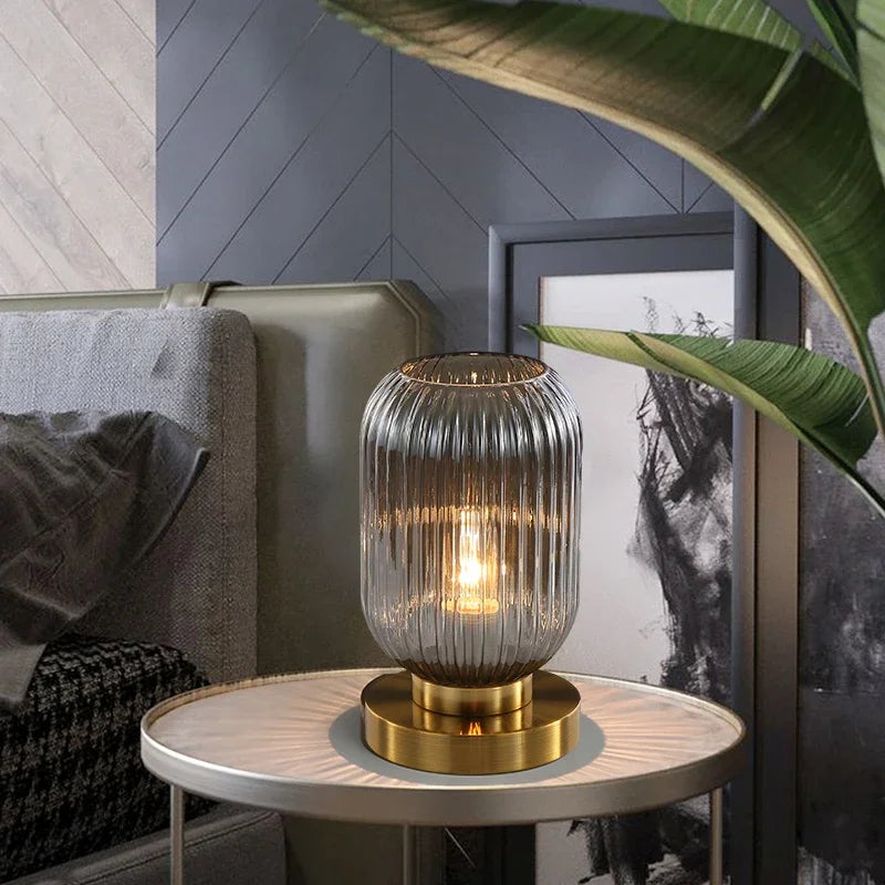Mid Century Ribbed Glass Shade Table Lamp