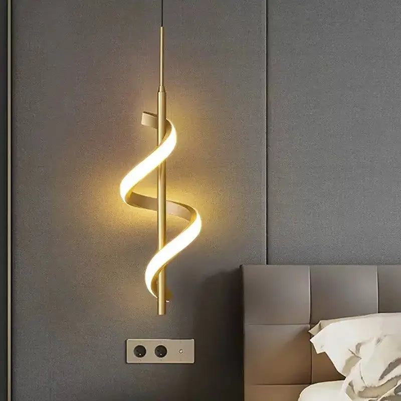 A modern LED light fixture in a bedroom, featuring the GlowWave Minimalist Pendant Light.