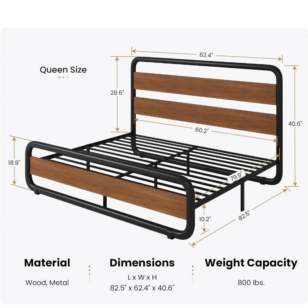 Wooden Headboard Metal Frame Bed