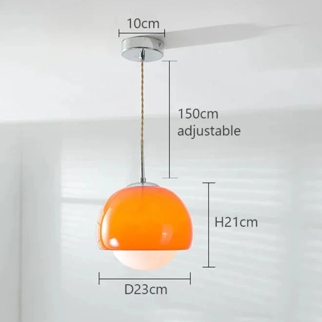 Crystal Glow Pendant Lamp: Stylish orange glass pendant light with precise dimensions.
