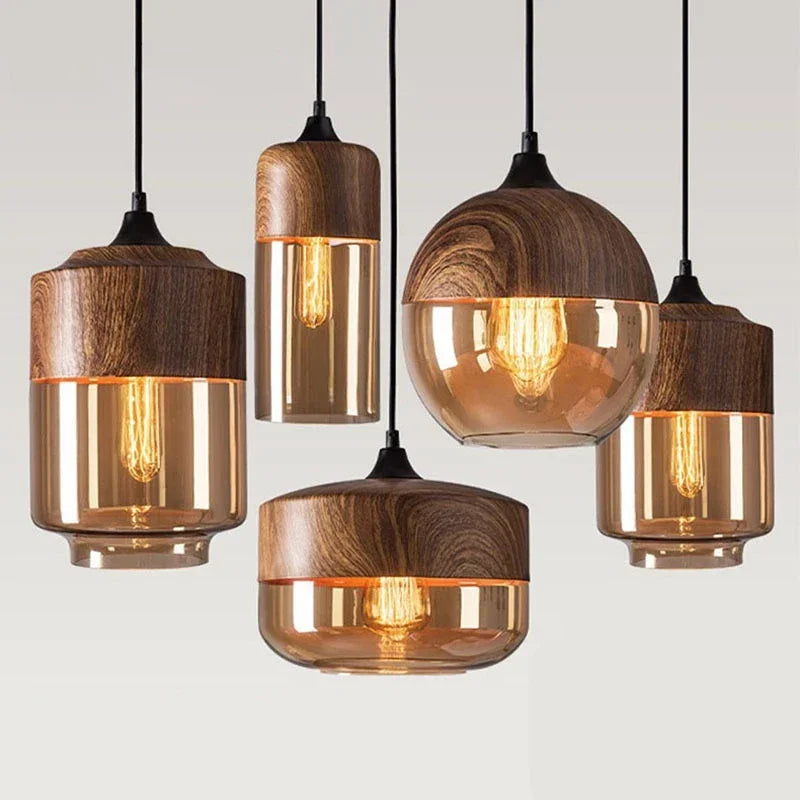 Glass Wood Pendant Light